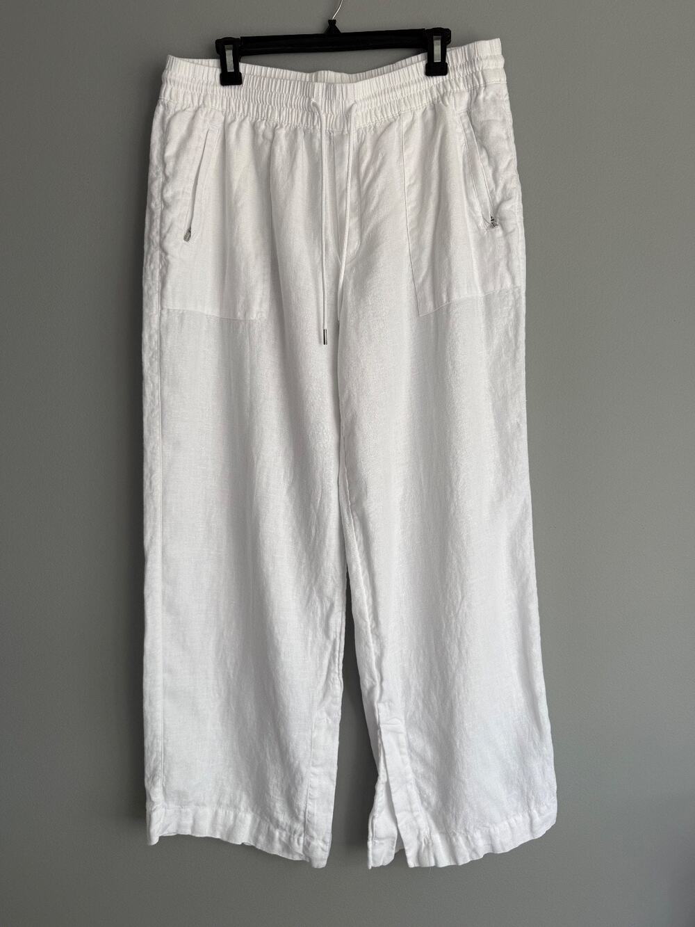 Athleta 100% Linen Wide Leg Pants Women Size 14 White Coastal Resort Drawstring - Picture 1 of 8
